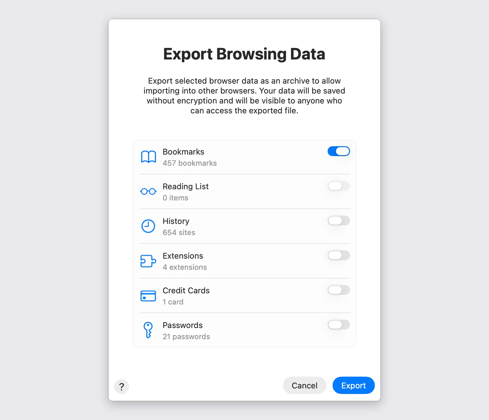 Safari’s Export Browsing Data window, with Bookmarks switched on and every other kind switched off