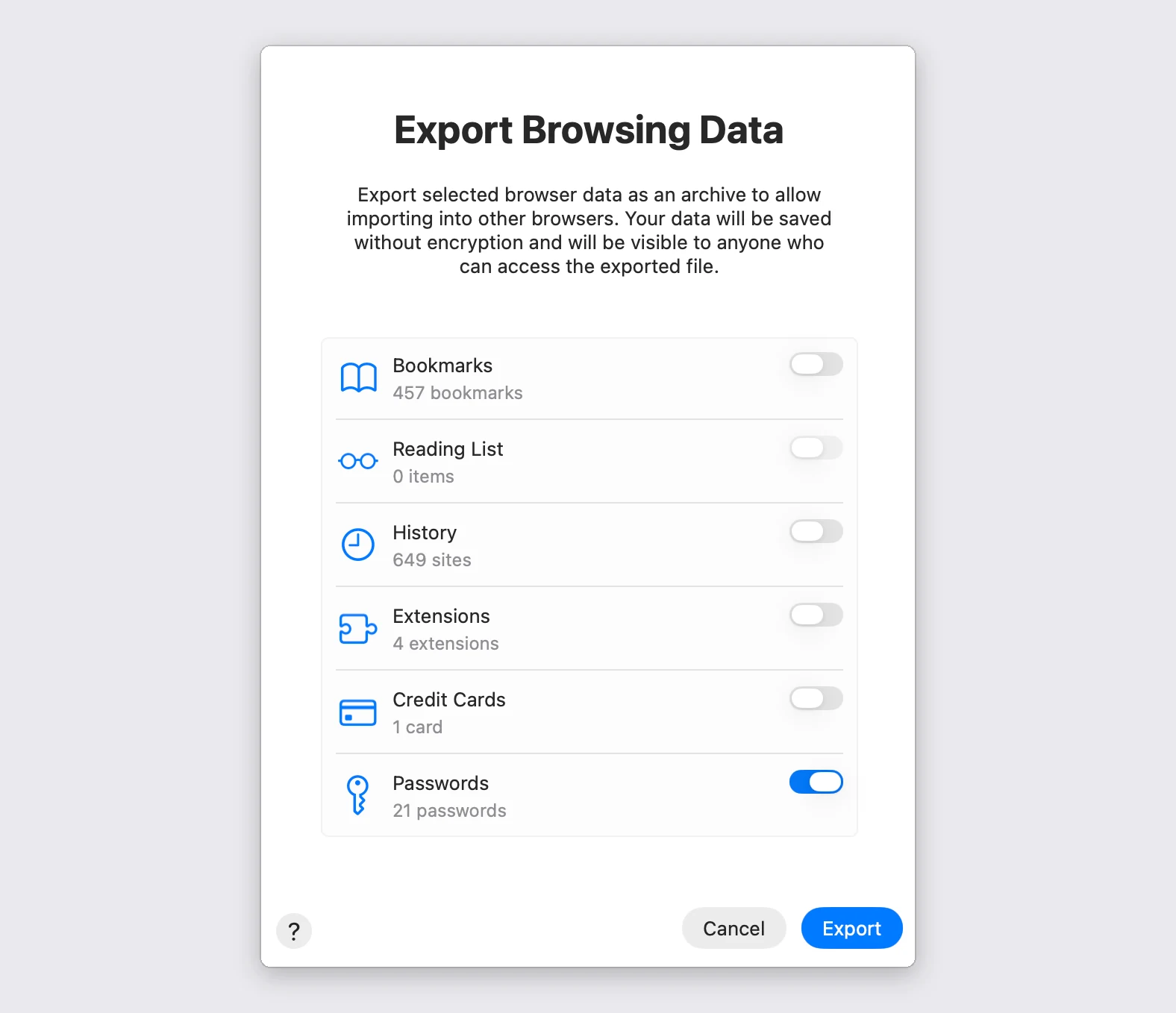 Safari’s Export Browsing Data window, with Passwords switched on and every other kind switched off