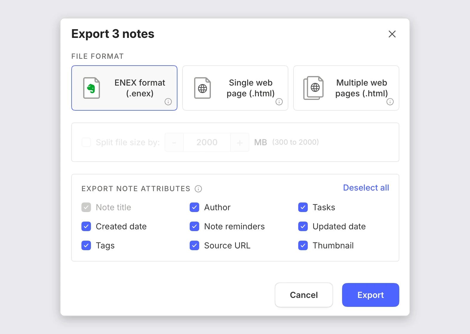 Evernote's export dialog with ENEX format (.enex) selected and every export note attribute ticked.
