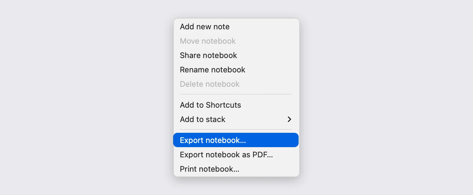 The Evernote desktop app's notebook context menu, with "Export notebook..." highlighted.