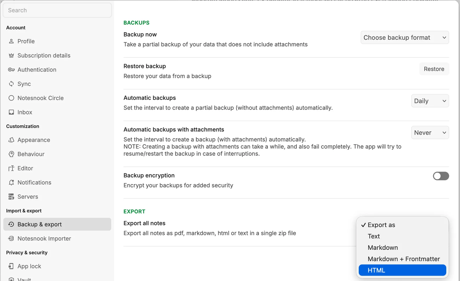 Notesnook settings, Backup & export page, with the Export as dropdown open and HTML selected.