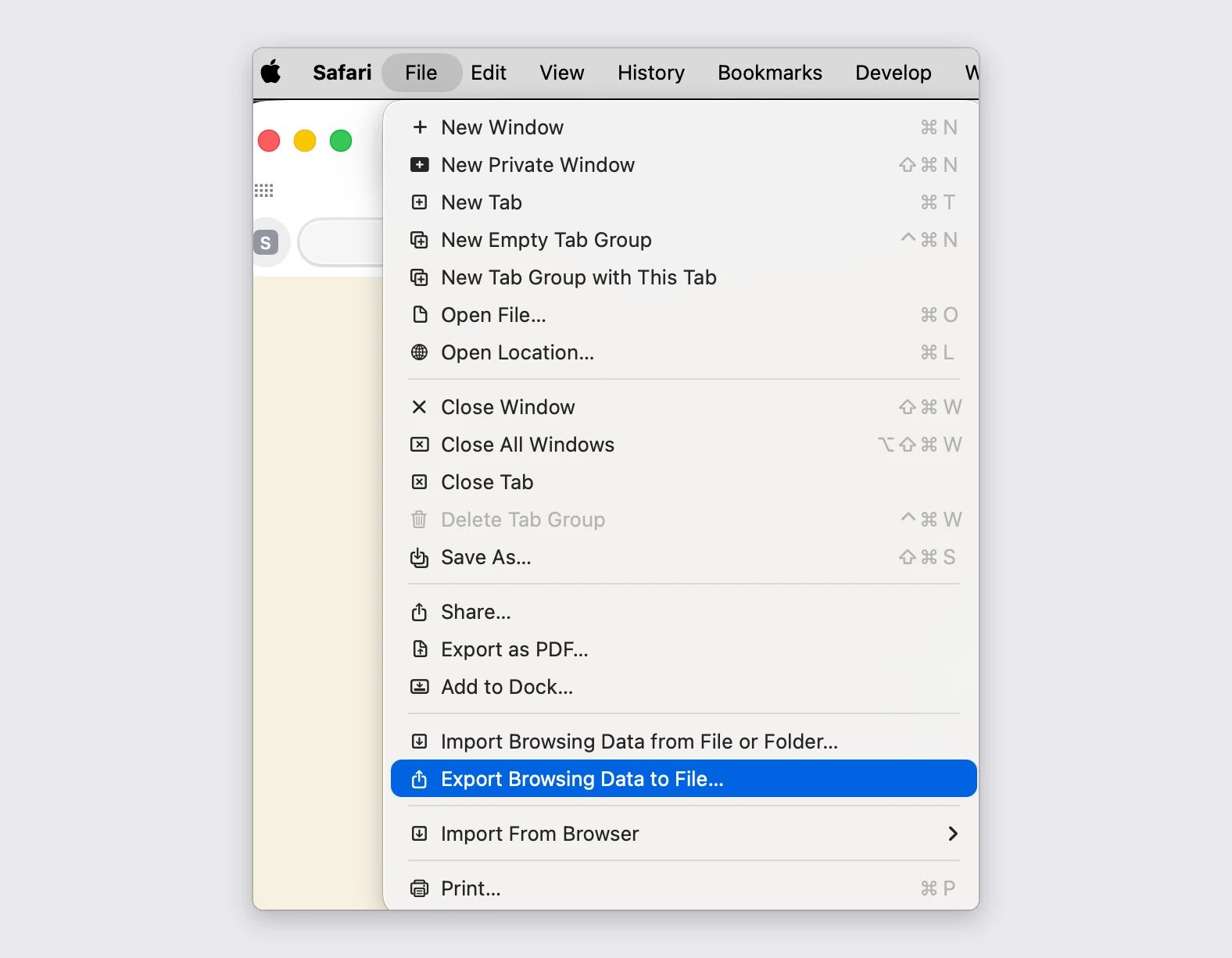 Safari’s File menu, with "Export Browsing Data to File..." highlighted near the bottom