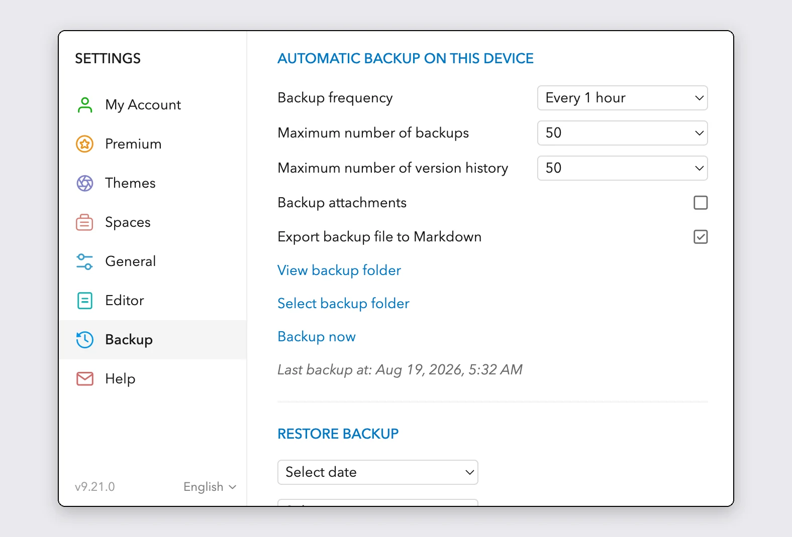 UpNote settings, Backup page, with Backup attachments, Backup now, and View backup folder visible.