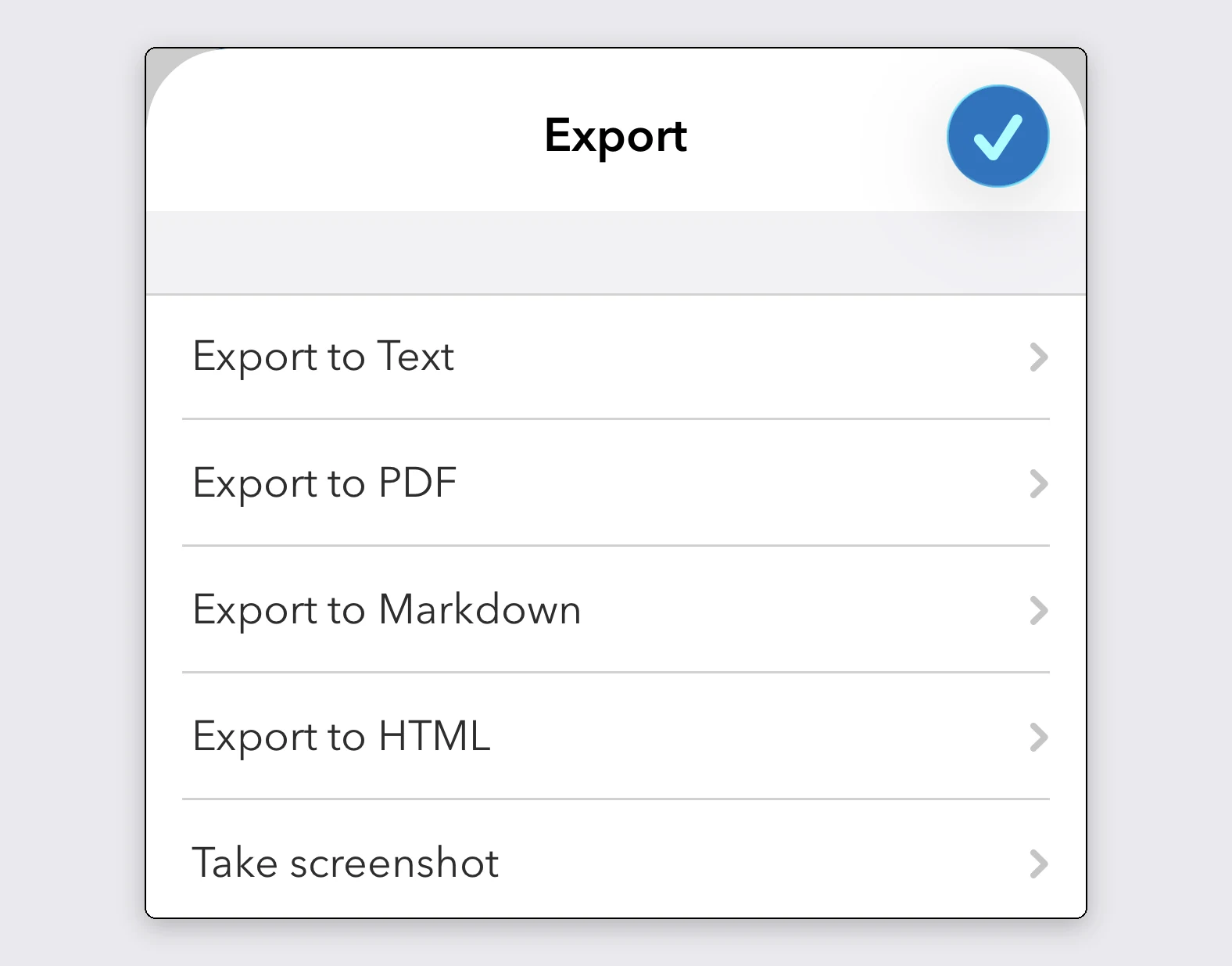 UpNote's Export menu on iOS, offering Export to Text, PDF, Markdown, and HTML.