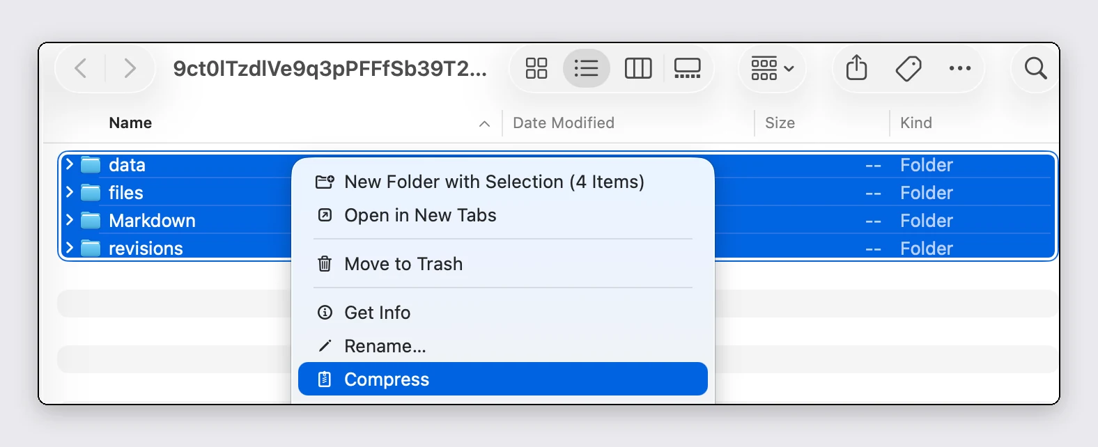 The UpNote backup folder with the data, files, Markdown, and revisions folders selected and the right-click menu open on Compress.