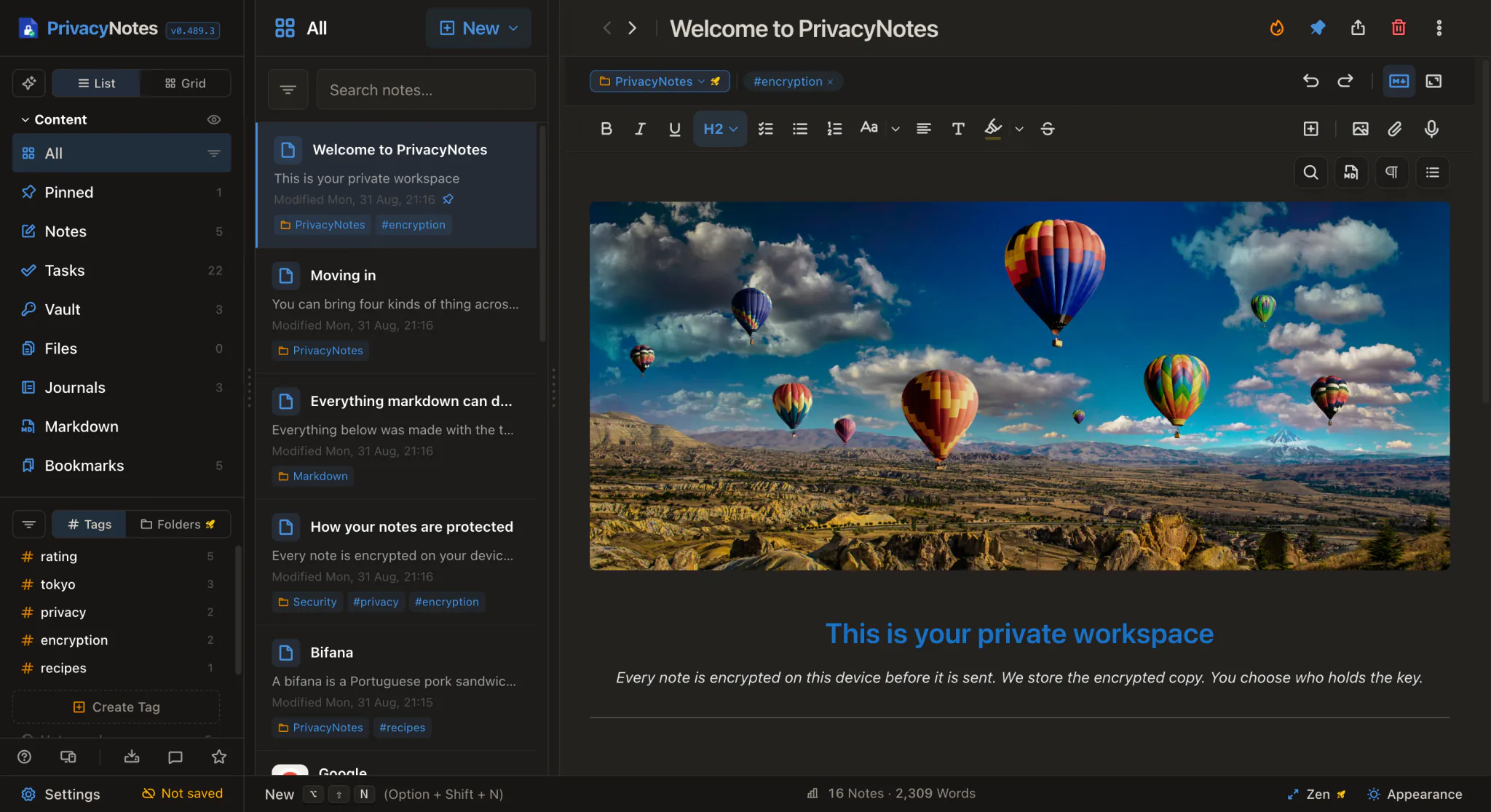 PrivacyNotes app, dark