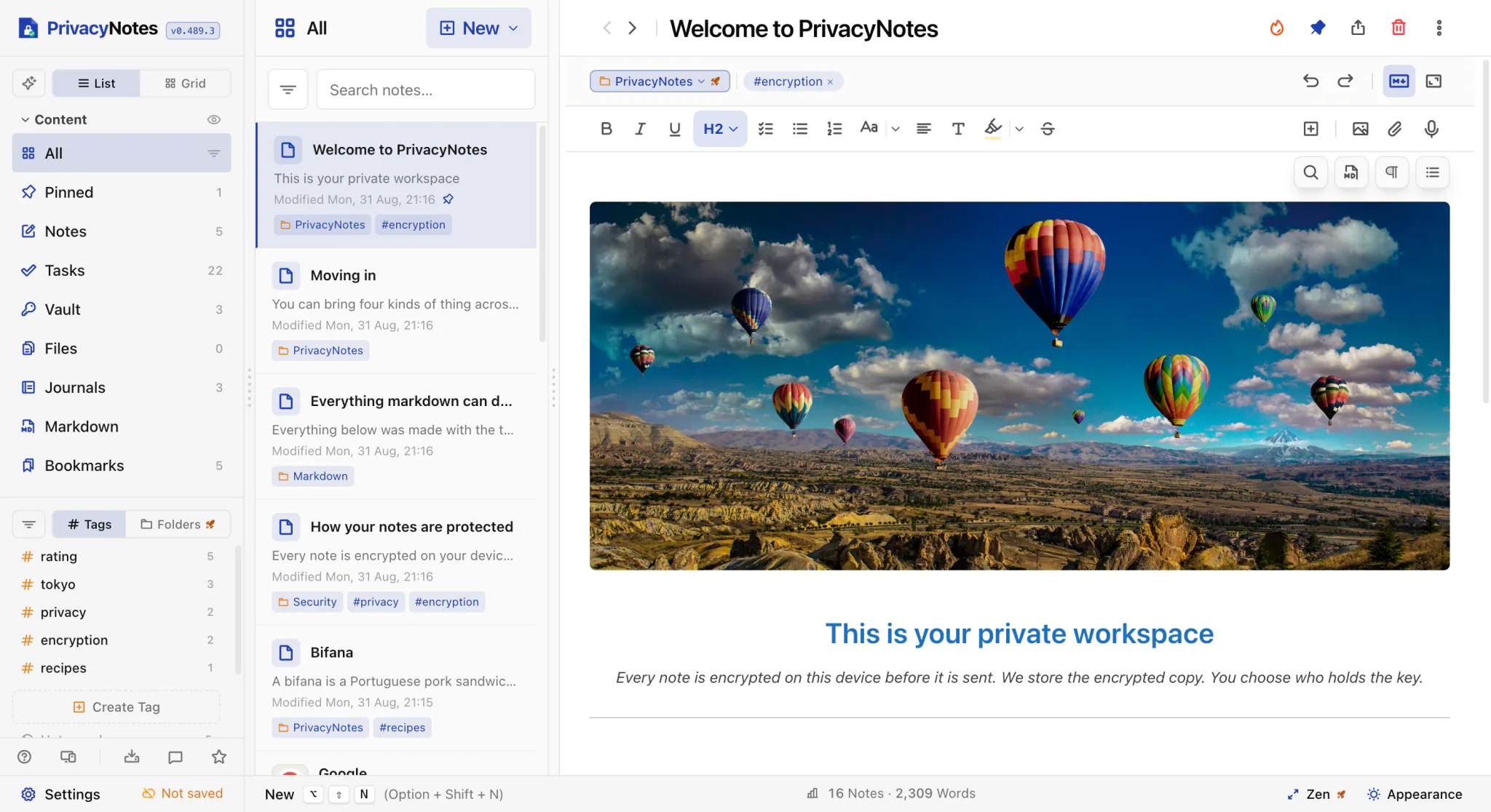PrivacyNotes app, light